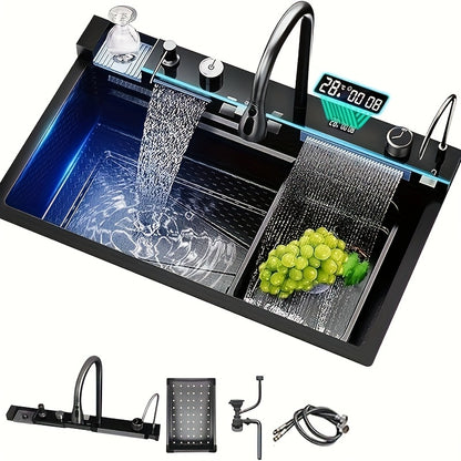 Keukenkraan – Keukenset – Mengkraan – Spoelbak – Sproeikop – RVS – Uittrekbare Watervalkraan – Digitale Kraan – 68x45 cm – Glazen Spoelunit