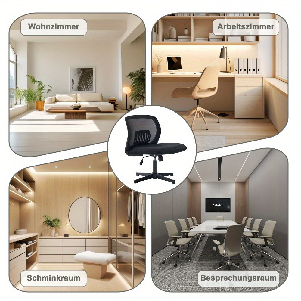 Armless Bureaustoel – Zonder Armleuningen – Bureaustoel – Werkstoel – Task Chair – Zacht Schuimgevuld – 360° Draaibaar – Verstelbare Hoogte – Zwart – Metalen Frame – Ruime Zitting