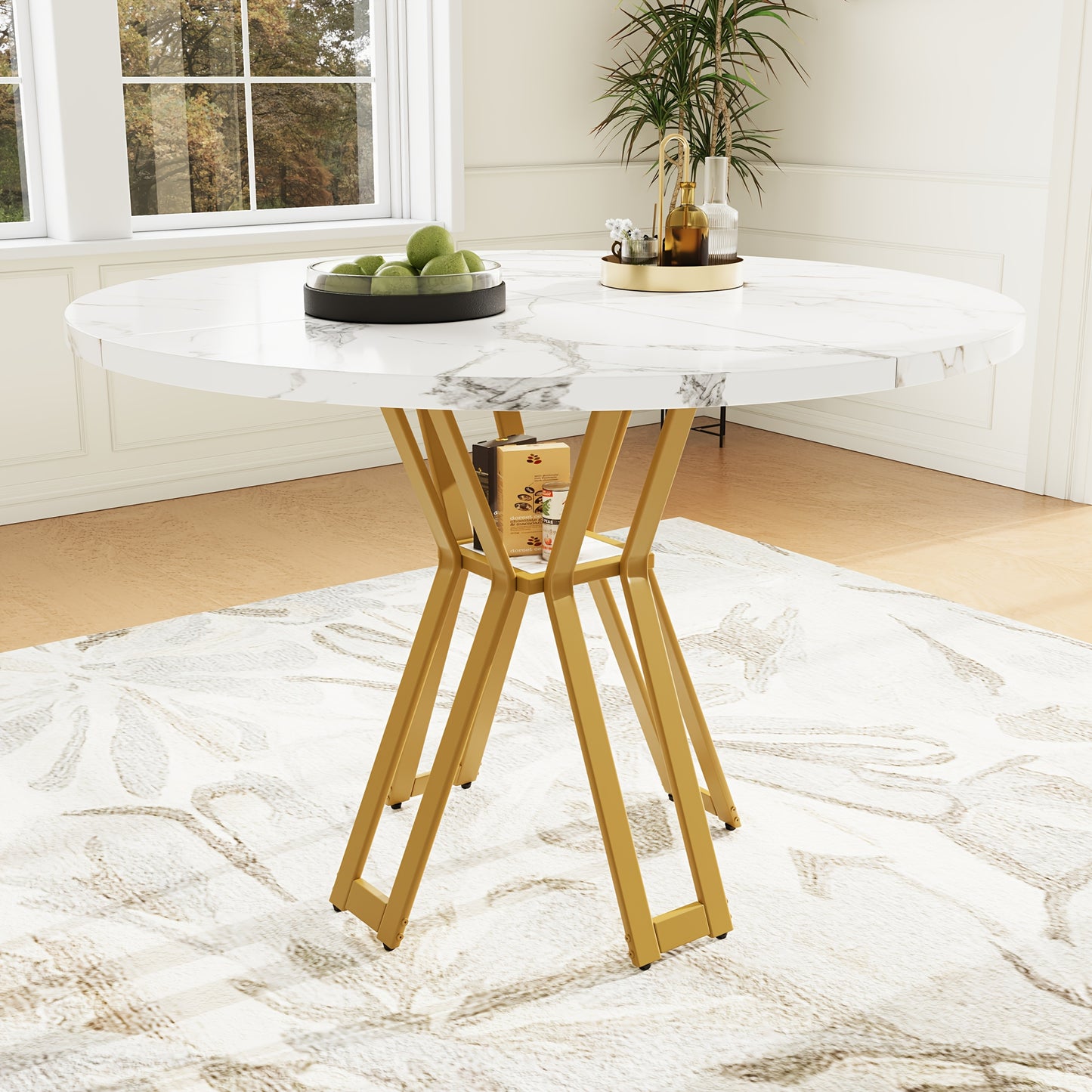 Round Dining Table (100 X 100 X 76 Cm), Lightweight And Luxurious Round Table For 4-6 People, Suitable For Dining Room And Living Room, Marbled MDF Tabletop, 2 Colors Available