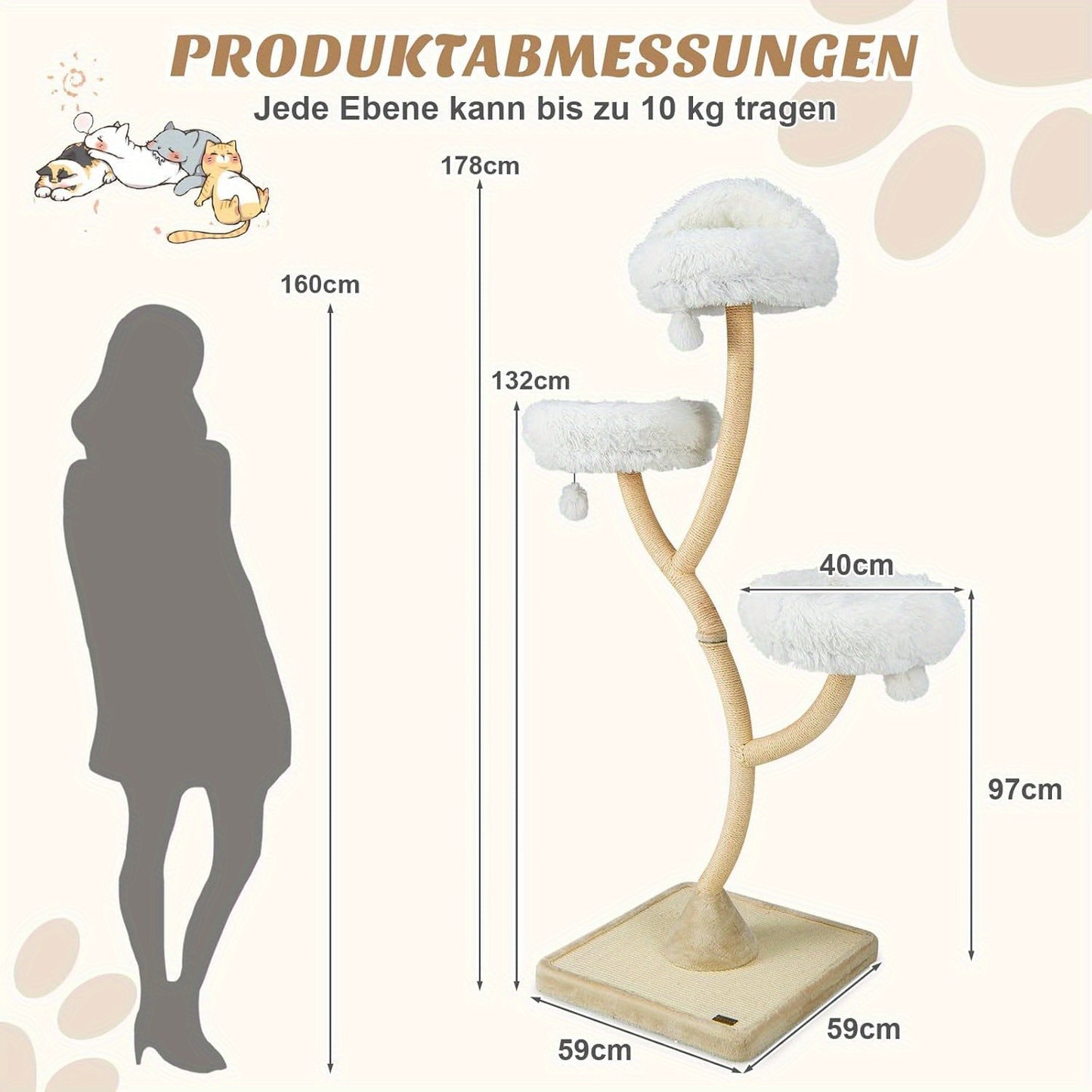 Krabpaal Kattenboom – Kattenhuis – Klimpaal – Katzenkrabmeubel – Speelpaal – 178 cm Hoog – Sisal Krabpalen & Pluche Ligplaatsen Beige Fiberboard