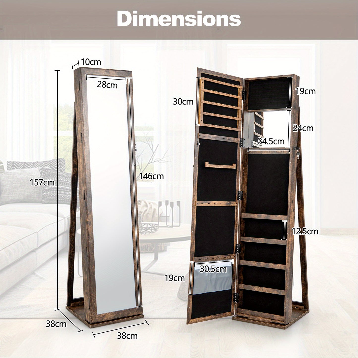 Sieradenkast – Spiegelkast – Juwelenkast – Opbergkast – Sieradenorganizer – Vrijstaand met slot – Antiek bruin MDF design – Volledige spiegel en make-upspiegel – Ruime opbergruimte met haakjes en planken – Stevige constructie