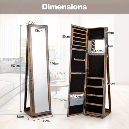 Sieradenkast – Spiegelkast – Juwelenkast – Opbergkast – Sieradenorganizer – Vrijstaand met slot – Antiek bruin MDF design – Volledige spiegel en make-upspiegel – Ruime opbergruimte met haakjes en planken – Stevige constructie