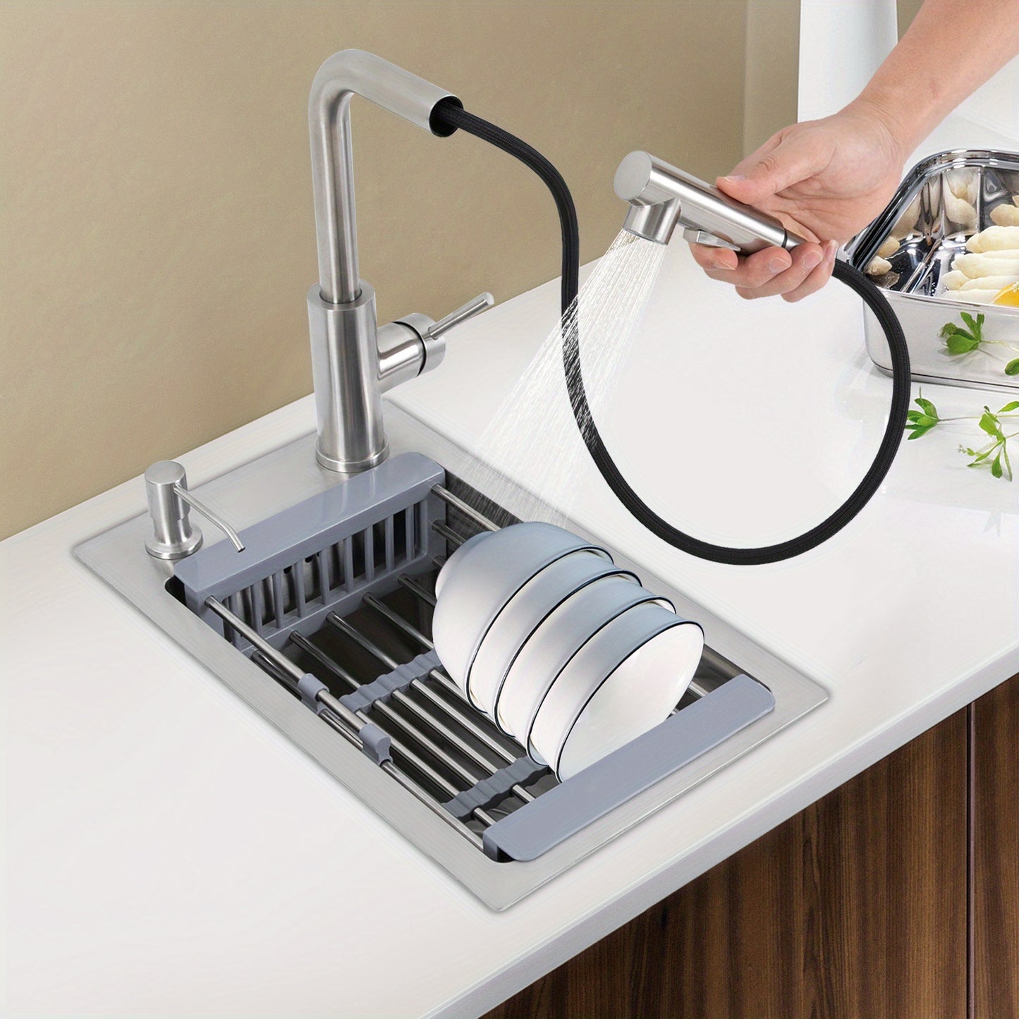 Enkele Groef Spoelbak – Spoelbak, Keukenspoelbak, RVS Spoelbak, Enkele Kom – 304 Roestvrij Staal – Afmetingen 46x28x22 cm – Uitschuifbare Kraan met Zeepdispenser