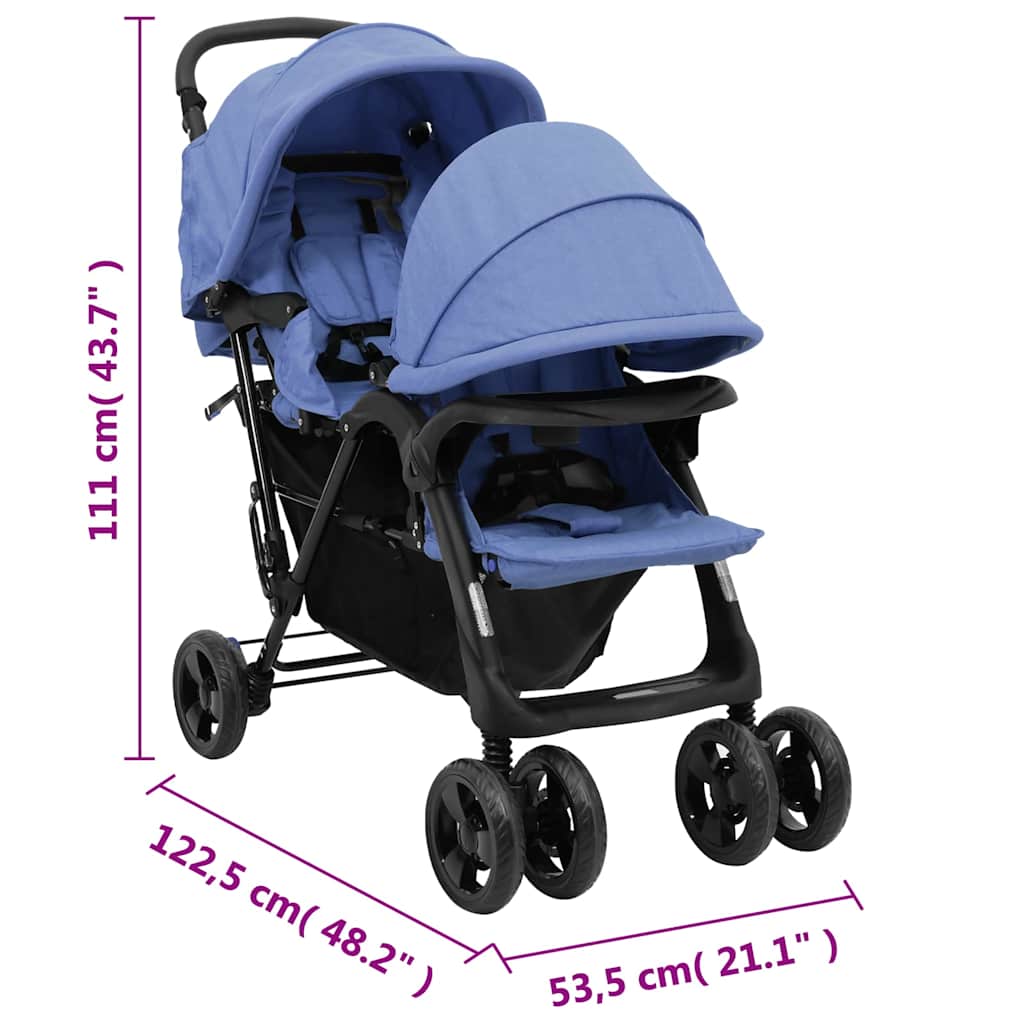 Tandem Kinderwagen – Tweelingwagen – Dubbele Kinderwagen – Duo Buggy – Tweekinderwagen – Staal en Linnen – Verstelbare Zonnekap – Ruime Ondermand – Marineblauw