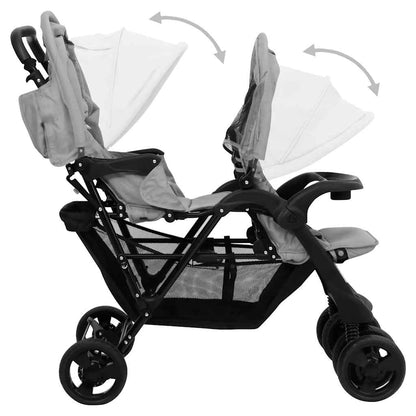 Tandem Buggy – Dubbele Kinderwagen – Tweelingwagen – Kinderwagen Voor Twee – Smalle Buggy – Lichtgrijs – Stalen Frame – Verstelbare Zonnekap