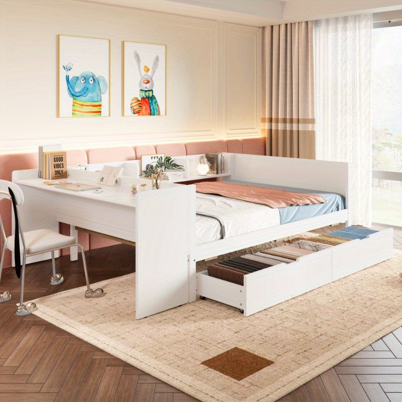 Bedframe – Platformbed – Slaapbank – Opbergbed – Werkplekbed – Met Ingebouwd Bureau – Ruime Laden – Ruimtebesparend – Hoogwaardige Kunststof & Metaal – Kingsize – Gemakkelijk te Monteren