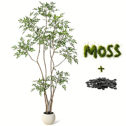 Artificial Tree, Artificial Nandina Domestica Tree, 210cm High Artificial Nandina Domestica Tree, Suitable for Home Decoration, with White Flower Pot, with Decorative Stones, Suitable for Indoor And Outdoor Home, Office, Livi