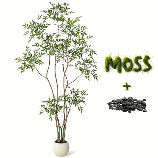 Artificial Tree, Artificial Nandina Domestica Tree, 210cm High Artificial Nandina Domestica Tree, Suitable for Home Decoration, with White Flower Pot, with Decorative Stones, Suitable for Indoor And Outdoor Home, Office, Livi