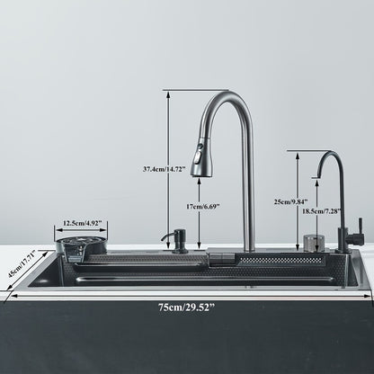 Stainless Steel Waterfall Sink With Display Screen Single Bowl Kitchen Sink RV Sink With Cup Washer Waterfall Pull-Down Faucet And Complete Accessories Set, Gun Gray (76.2*45.97*20.5 cm)