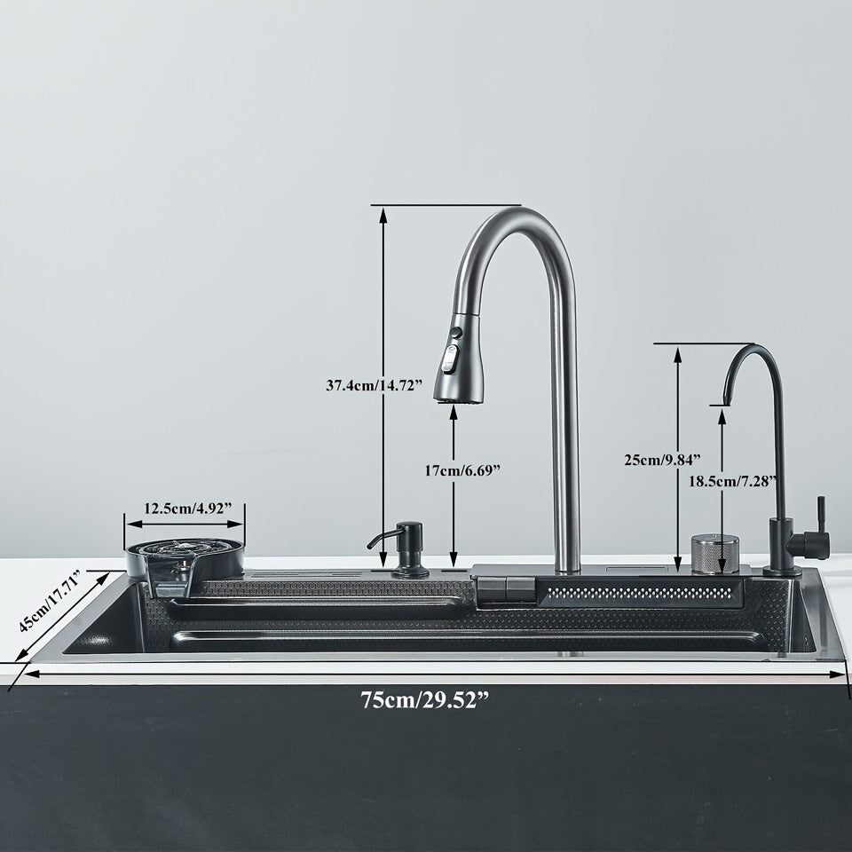 RVS Waterval Spoeltafel – Keukenspoelbak – Spoelbak RVS – Enkele Spoelbak – Onderbouw Spoeltafel – Waterspaardisplay – Uittrekbare Watervalkraan – 76,2x45,97x20,5 cm Antraciet