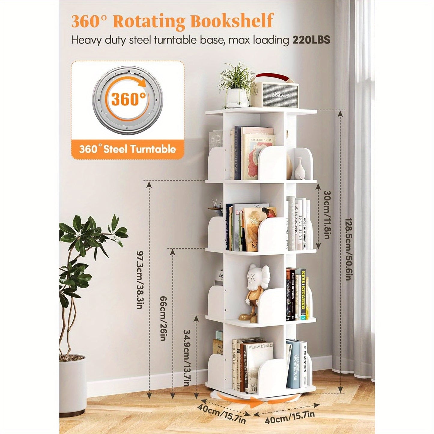 Boekenrek – Boekenkast – Boekenplank – Wandrek – Hoekboekenkast – Draaibaar 360° – 4 Planken – Wit 40x40x128,5 cm