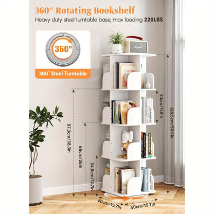 Boekenrek – Boekenkast – Boekenplank – Wandrek – Hoekboekenkast – Draaibaar 360° – 4 Planken – Wit 40x40x128,5 cm