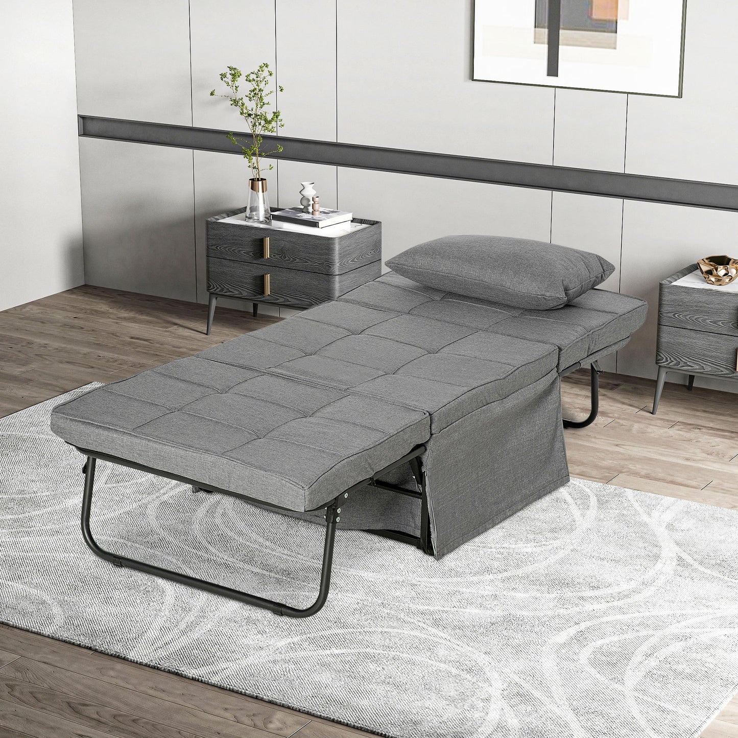 4-in-1 Opvouwbaar Bed – Guestbed – Opklapbed – Verstelbaar Bed – Extra Slaapplek – Met Matras – Met Zijvakjes – Stabiel Metaalframe – Grijs – 188x75x38 cm