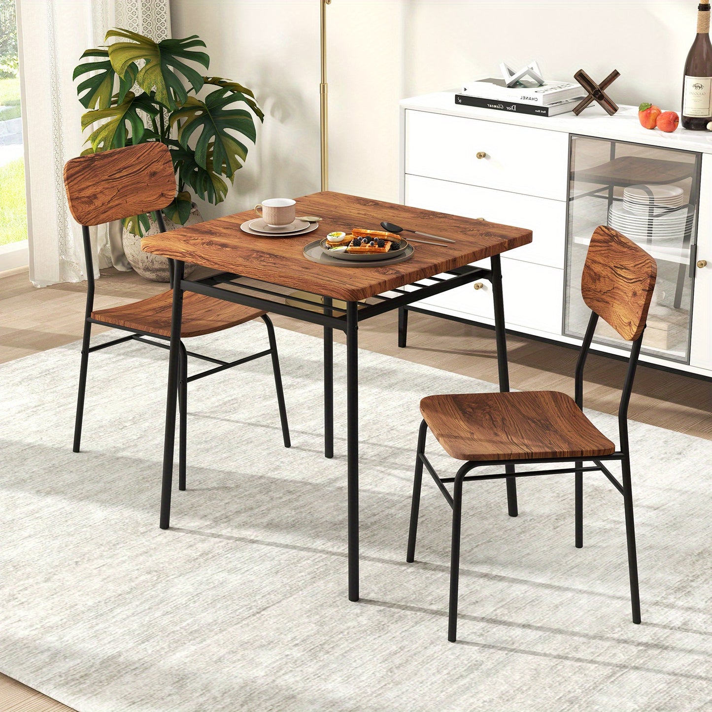 Compact Eettafel Set – Eetkamerset – Keukentafel Met Stoelen – Ontbijttafel – Inklapbare Stoelen – Met Opbergplank – Metaal En MDF – Ruimtebesparend Design