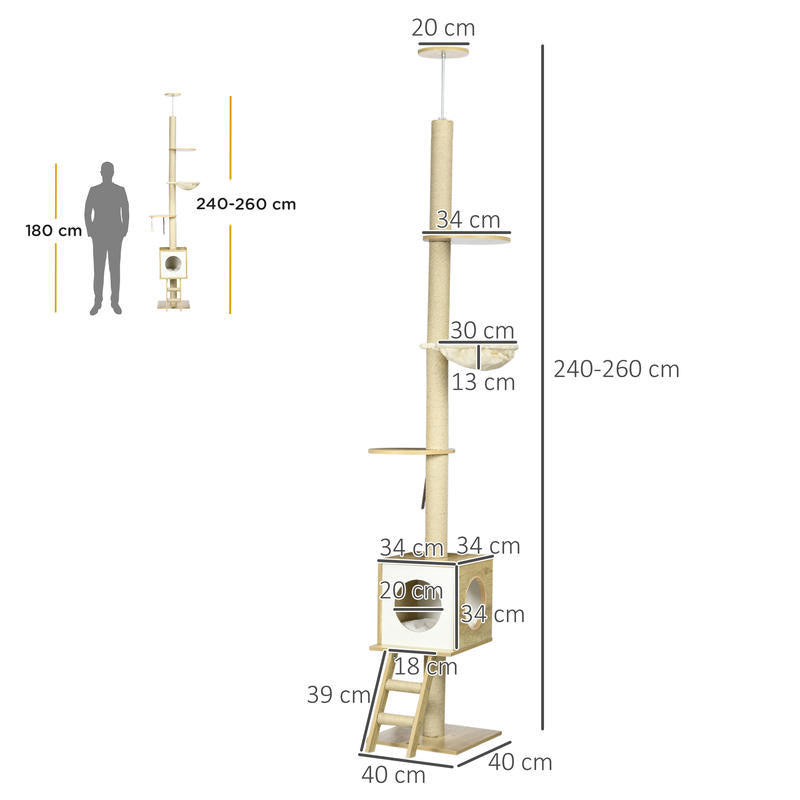 Cat Tree, 49cm, Sisal Scratching Post, Ball Run, Play Ball, Spring, 4-in-1 Design, Oak, White Cat climbing frame, cat tree, cat jumping platform, multifunctional cat tree, cat toy, duplex cat bed, Pet Play Tower, Feline Enric