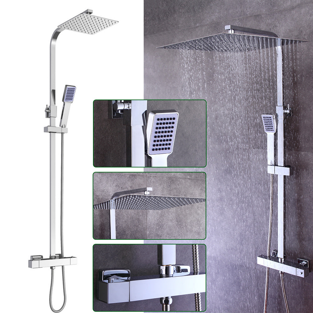 Douchesysteem – Regendouche – Douche Set – Handdouche – Wanddouche – RVS – Vierkante Hoofddouche 40x40 cm – Verstelbare Hoogte 82-122 cm – Thermostaatregeling – 150 cm Slang