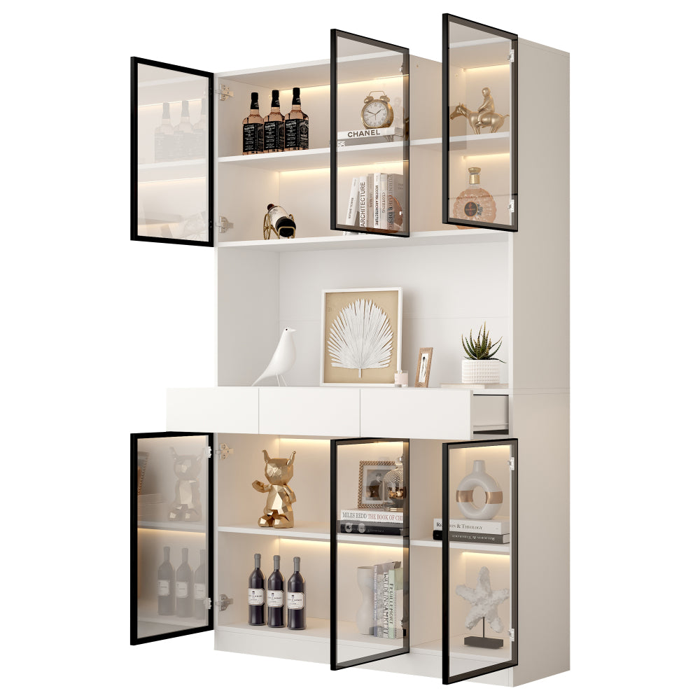 200 cm High Glass Cabinet Doors | White Multi-Tiered Storage Bookshelves with Black and White Door Frames, Suitable for Collectibles, Bedrooms, Living Rooms, and Offices, Contemporary Style, Metal Material