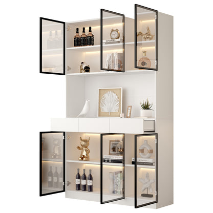 200 cm High Glass Cabinet Doors | White Multi-Tiered Storage Bookshelves with Black and White Door Frames, Suitable for Collectibles, Bedrooms, Living Rooms, and Offices, Contemporary Style, Metal Material