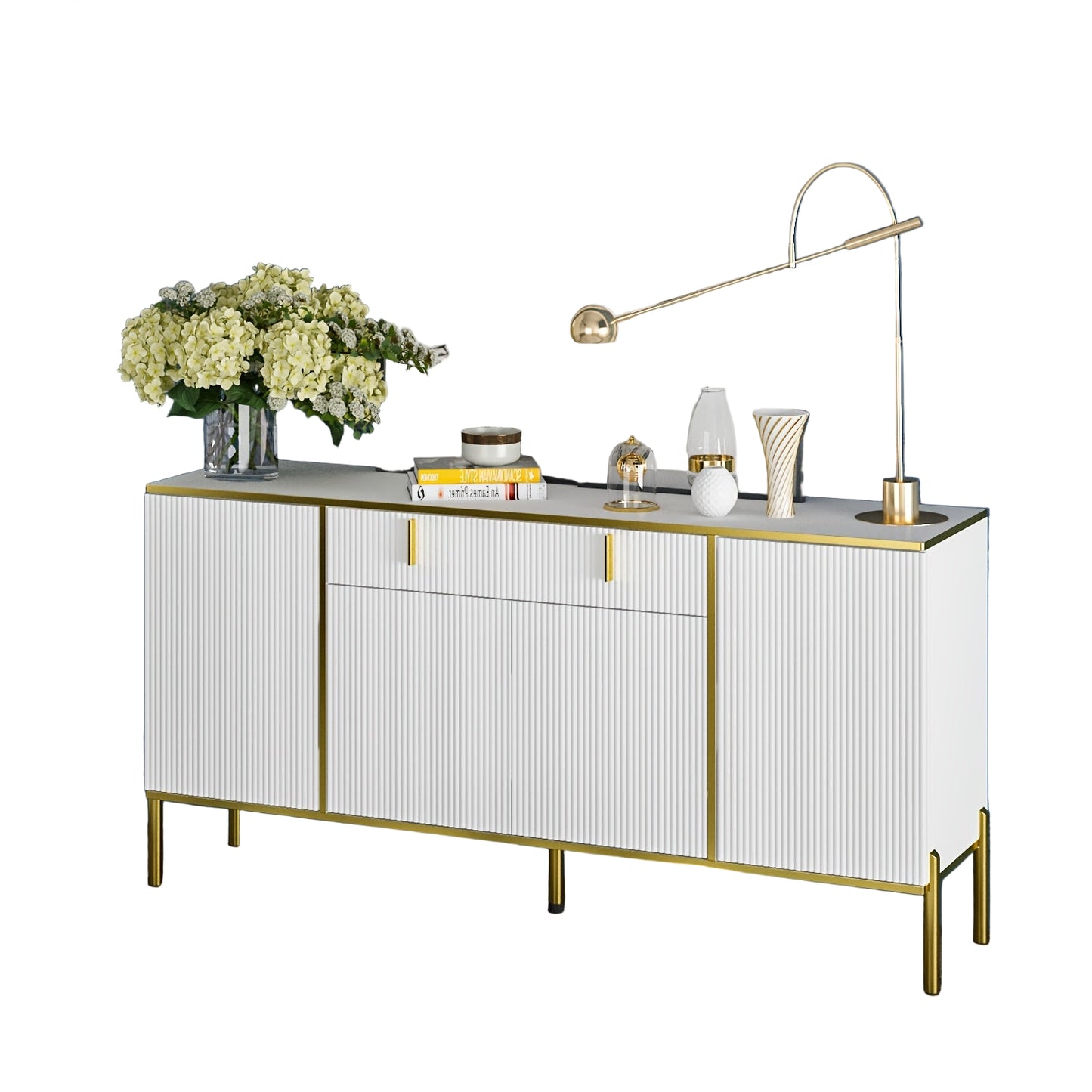 Elegant White Ripple Wooden Sideboard with Golden Pulls & Black Legs – 160.02cm W x 39.88cm D x 80.01cm H Four-Door Storage Cabinet for Bedroom, Bathroom, or Living Room, Modern Hardwood Design with Ample Storage Options, V