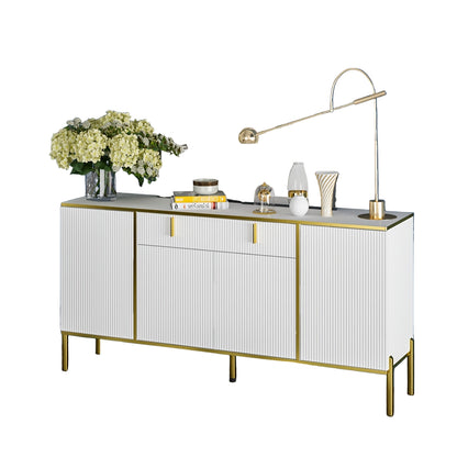 Elegant White Ripple Wooden Sideboard with Golden Pulls & Black Legs – 160.02cm W x 39.88cm D x 80.01cm H Four-Door Storage Cabinet for Bedroom, Bathroom, or Living Room, Modern Hardwood Design with Ample Storage Options, V