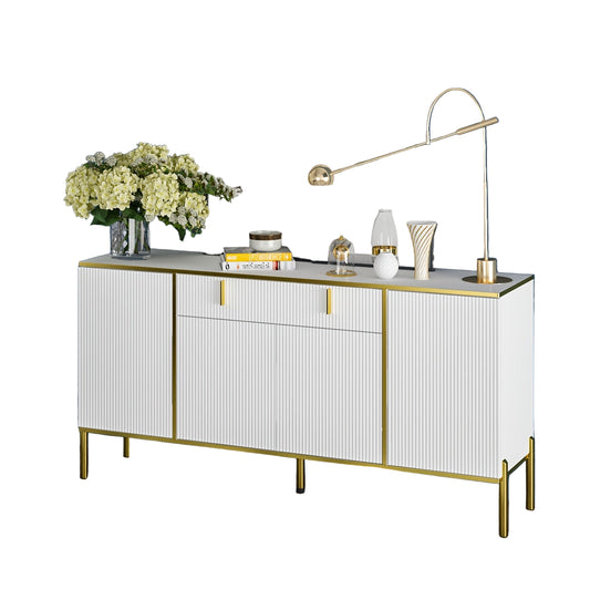 Elegant White Ripple Wooden Sideboard with Golden Pulls & Black Legs – 160.02cm W x 39.88cm D x 80.01cm H Four-Door Storage Cabinet for Bedroom, Bathroom, or Living Room, Modern Hardwood Design with Ample Storage Options, V