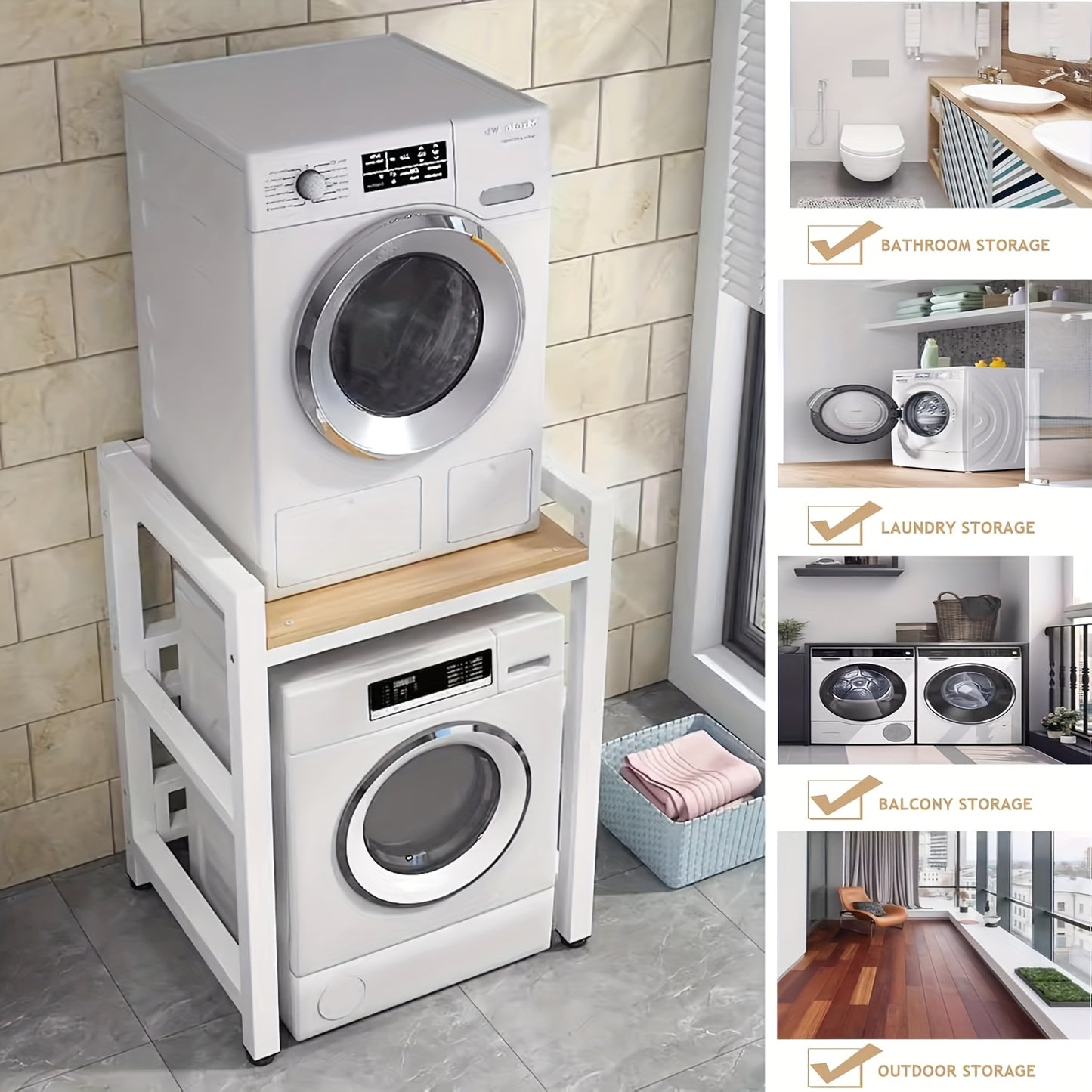 Wasmachine standaard – Wasdroger rek – Verhoger – Opbouwmeubel – Opbergrek – Verstelbaar in hoogte – Zwart smeedijzer met plank