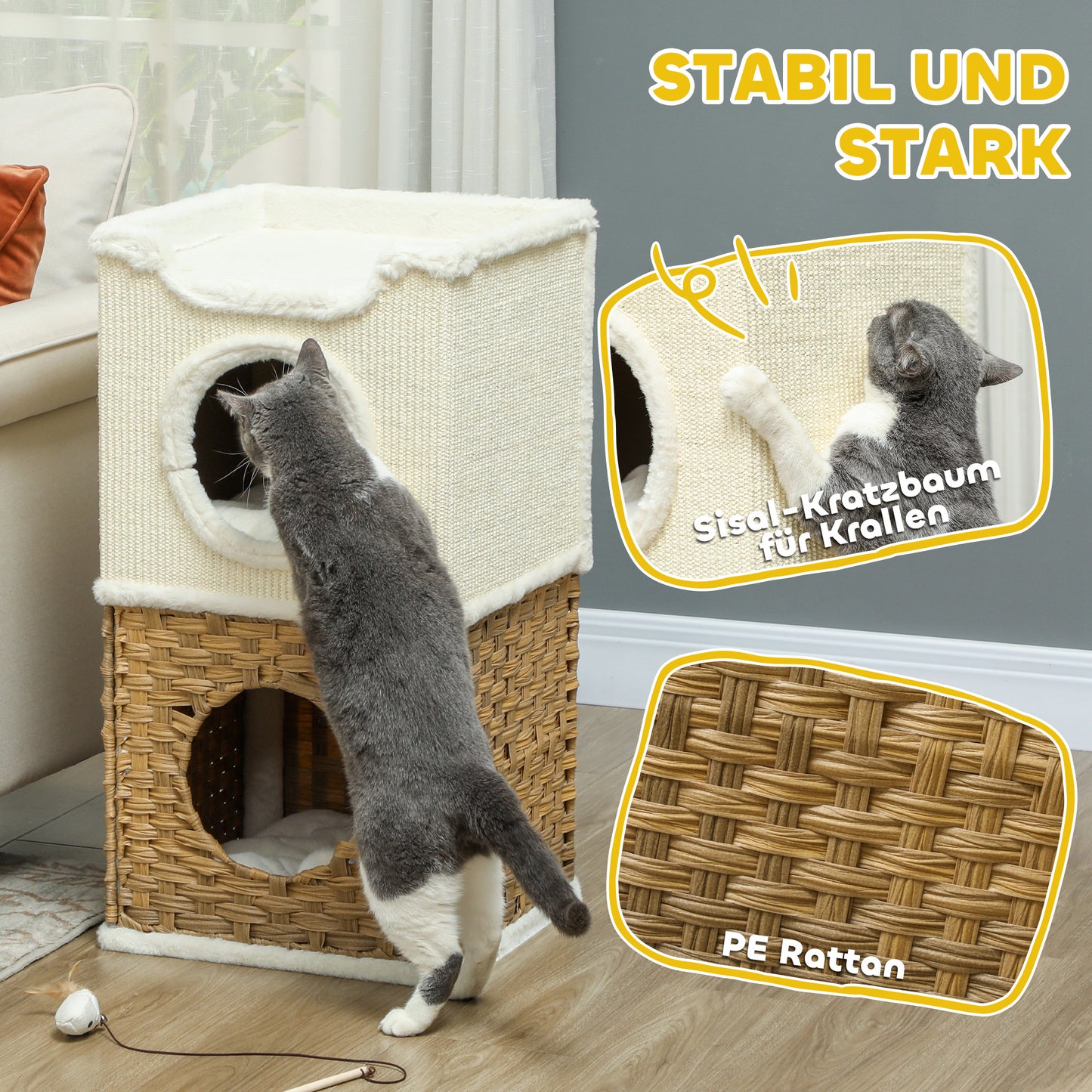 Krabpaal – Kattenboom – Kattenkrabpaal – Krabmeubel – Kattenhuis – 75,5 cm Hoog – Pluche Bekleding met Kattenhol