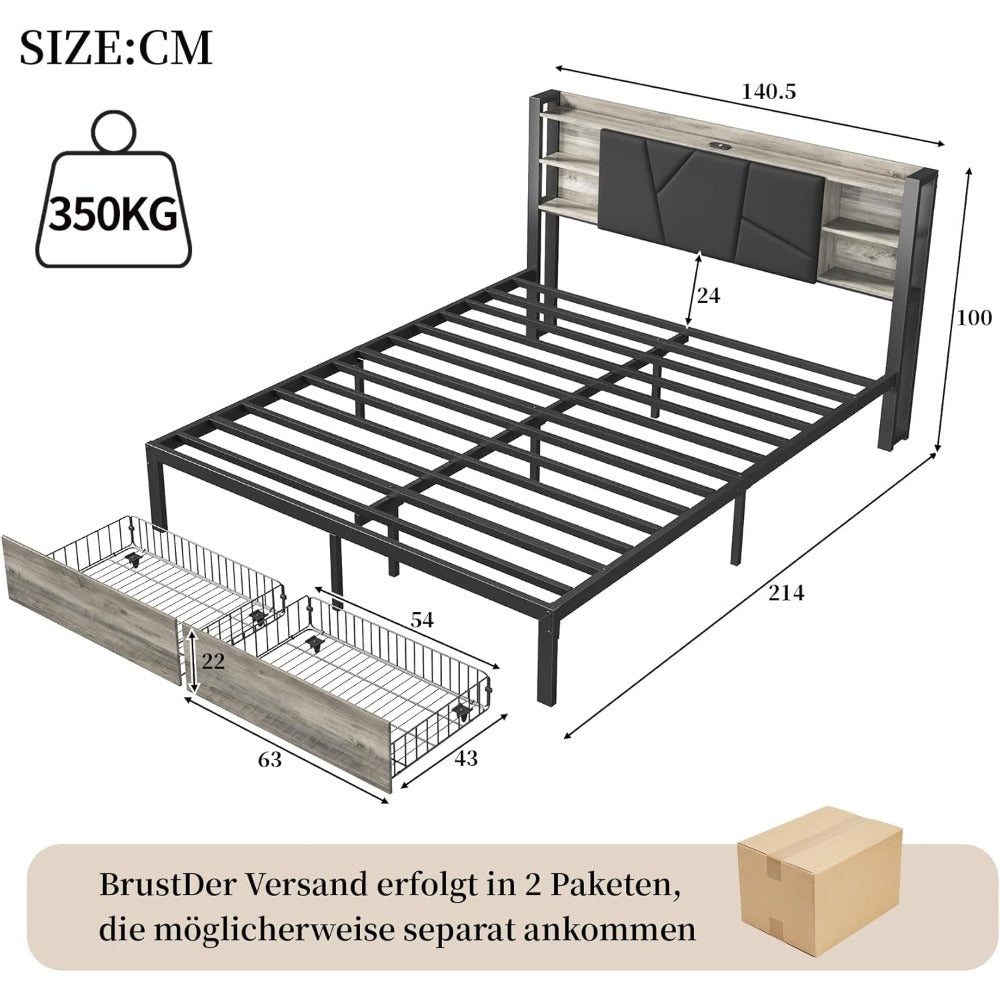 Tweepersoonsbed – Dubbelbed – Bedframe – Slaapbank – Opbergbed – 160 x 200 cm – PU Kunstleer Zwart – USB Poorten & LED Verlichting – Met Lade Opbergruimte