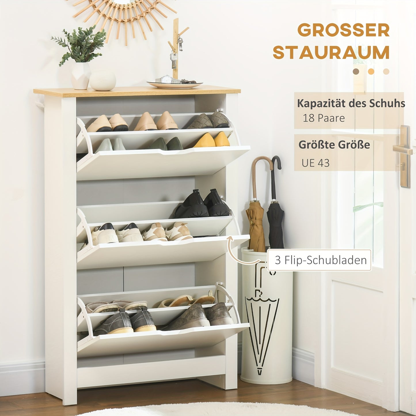 Schoenenkast – Schoenenkast – Schoenenrek – Schoenenopberger – 3 Kantelkleppen – Voor 18 Paar Schoenen – Ruimtebesparend – Wit Met Natuurlijke Houtaccenten – 72x26x112 cm