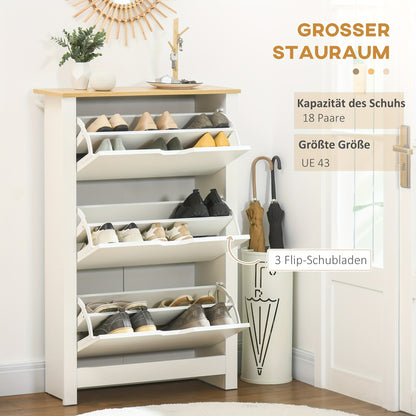 Schoenenkast – Schoenenkast – Schoenenrek – Schoenenopberger – 3 Kantelkleppen – Voor 18 Paar Schoenen – Ruimtebesparend – Wit Met Natuurlijke Houtaccenten – 72x26x112 cm