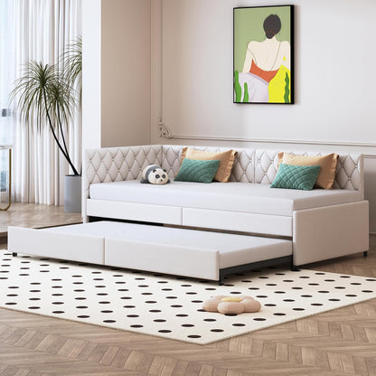Slaapbank – 2-Zits Bedbank – Uitklapbare Bank – Gigogne Bed – Banquette Bed – Beige Velvet – 90x200 cm – Stevig Houten Frame