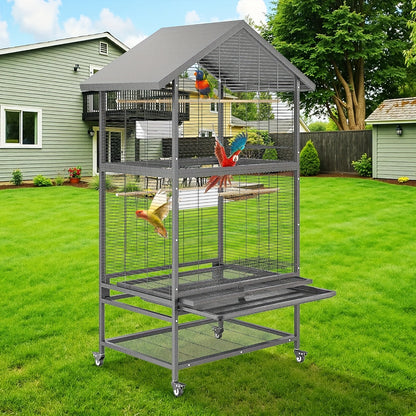 Vogelkooi – Volière – Vogelkooi Groot – Kooi Papegaaien – Vogelkooi Met Wielen – Heavy-Duty Smeedstaal – Extra Ruim Speeloppervlak 80x60 cm