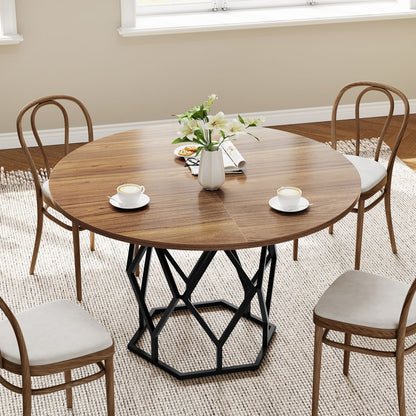 119.38 cm Round Dining Table in Brown | Large Wood Circular Desktop, Modern Kitchen Table for 4-6 People, Perfect for Dining Room, Living Room, or Coffee Area, Classic Style with Pedestal Base, Includes 1 Leaf, Hardwood Mater