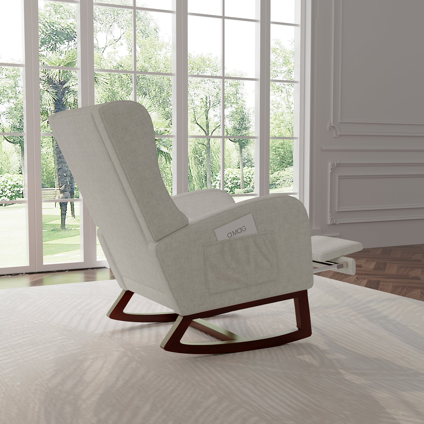 Rocking Chair with Stool, Lounge Chair with High Backrest, Chair with Footrest, Side Pockets And Solid Wood Base, Reading Chair, Relaxation Chair Suitable for Living Room, Bedroom And Balcony.