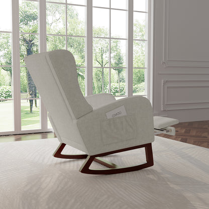 Rocking Chair with Stool, Lounge Chair with High Backrest, Chair with Footrest, Side Pockets And Solid Wood Base, Reading Chair, Relaxation Chair Suitable for Living Room, Bedroom And Balcony.