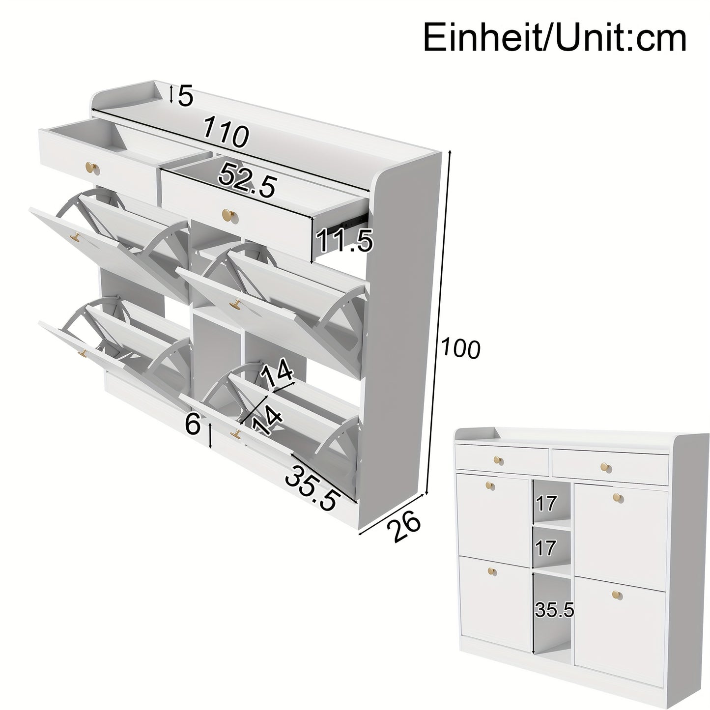 Schoenenkast – Schoenenrek – Schoenenopberger – Schoenenbank – Kast – Wit – 4 Draaideuren & 2 Lades – 110x26x100 cm – Ruime Opbergruimte – Gouden Handgrepen