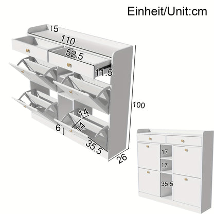 Schoenenkast – Schoenenrek – Schoenenopberger – Schoenenbank – Kast – Wit – 4 Draaideuren & 2 Lades – 110x26x100 cm – Ruime Opbergruimte – Gouden Handgrepen