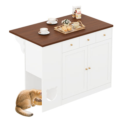 Keukeneiland – Keukentrolley – Keukenwagen – Kitchen Sideboard – Opbergmeubel – Uitschuifbaar Werkblad 120x70 cm – Ingebouwd Kruidenrek – Huisdier Voerplek Wit/Walnoot