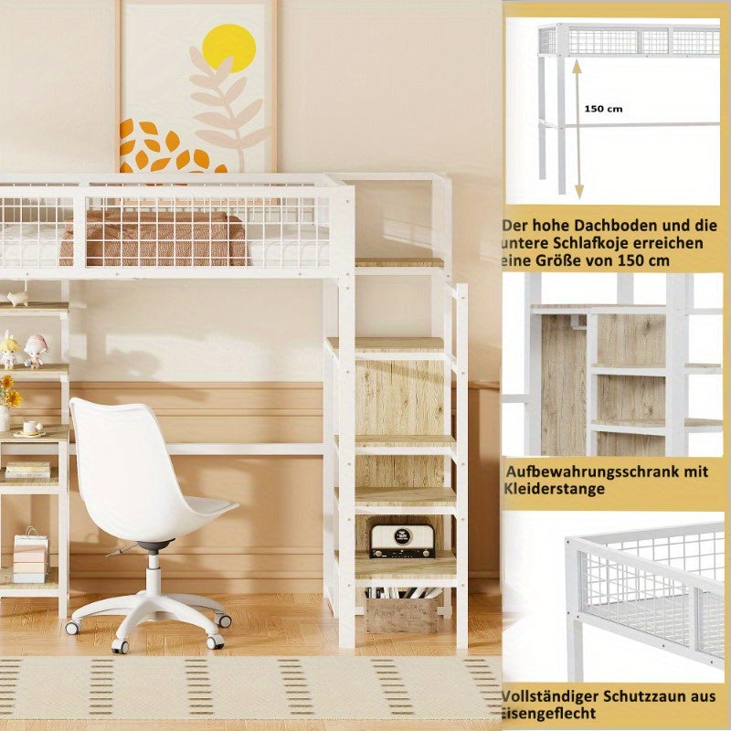 Hoogslaper – Kinderhoogslaper – Stapelbed – Eenpersoonsbed – Kinderbed – Met Veiligheidsladder – Metalen Kledingkast en Wit Bureau – 90x200 cm – Ruimtebesparend Design