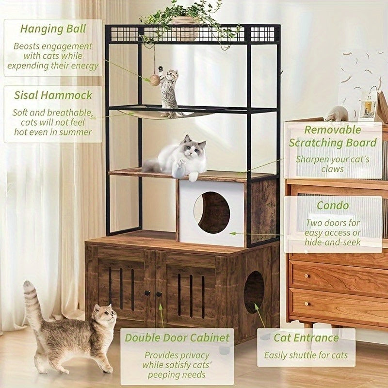 Multi-Level for cat Cabinet with Litter Box Enclosure, Metal Shelves, Hanging Bed & Play Ball - Double Door for cat House with Hidden Litter Box, Spacious for cat Cave with Entrance Tunnel - Sturdy Modern Design for Indoor fo