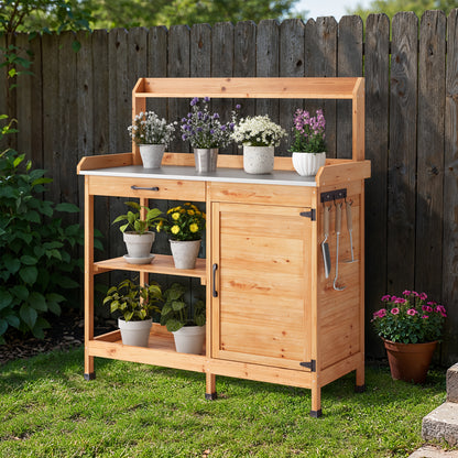 Tuinwerkbank – Werktafel Tuinieren – Plantentafel Met Opbergruimte – Tuinkast Met Planken – Werkbank Met Metalen Werkblad – Houtkleur Variant – Stevig Metalen Werkblad – Handige Zijhaken