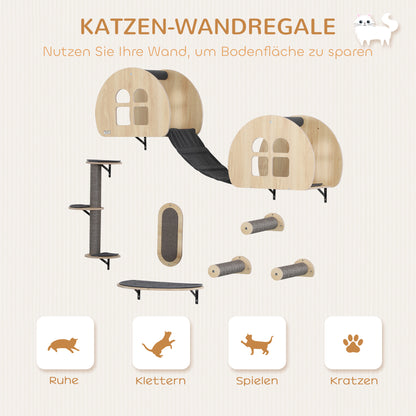 Krabpaal – Kattenkrabpaal – Kattenhuis – Kattenboom – Krabmeubel – 7-delige Klimwand Set – Inclusief Sisal Ladder & Platform – Grijs Durable