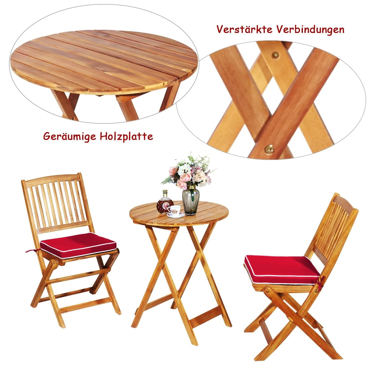 Bistroset – Tuinset – Balkonset – Eettafelset – Tuinmeubilair – Inklapbaar – Acaciahouten 3-delig met Rood Kussen