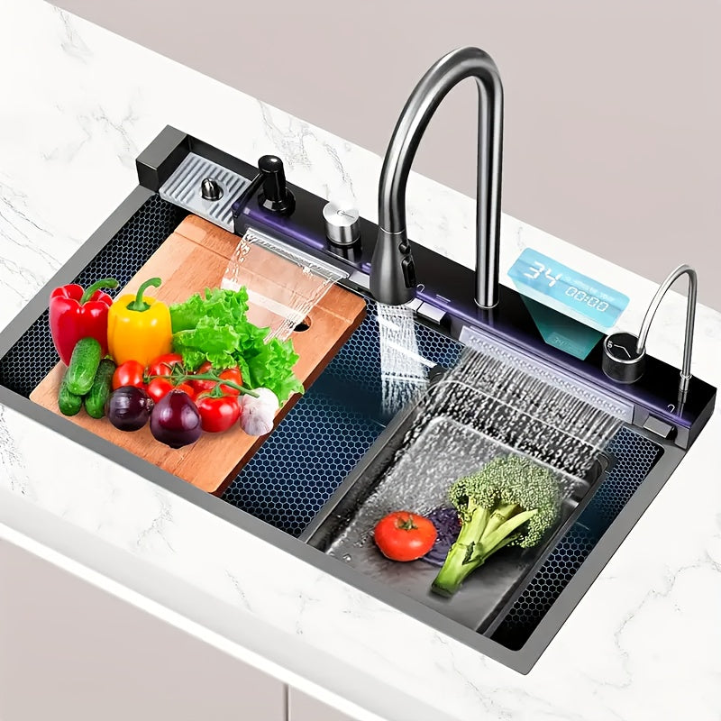Multifunctionele Keukenwerkstation Spoelbak – Keukenspoelbak – Inbouwspoelbak – RVS Spoelbak – Dubbele Spoelbak – Digitale Uittrekbare Kraan – Roestvrij Staal 68x45 cm