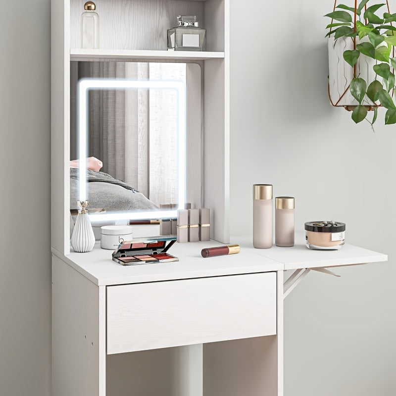 Compact Vanity Table with Large Mirror and Fold-down Tabletop | Hardwood, White, Includes Drawer and Open Desk Organizer, Ideal for Makeup, Gifts for Women, Christmas and Birthday Presents