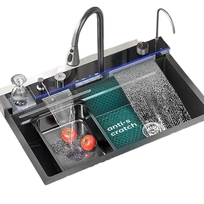 Vrijstaande Spoeltafel – Keukenspoelbak – Spoelbakje – Werkstation – Keukenunit – Roestvrij Staal Zwart – Compact 74,9x44,9 cm – Uittrekbare Sproeier & Geïntegreerde Snijplank