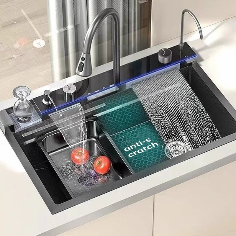 Vrijstaande Spoeltafel – Keukenspoelbak – Spoelbakje – Werkstation – Keukenunit – Roestvrij Staal Zwart – Compact 74,9x44,9 cm – Uittrekbare Sproeier & Geïntegreerde Snijplank