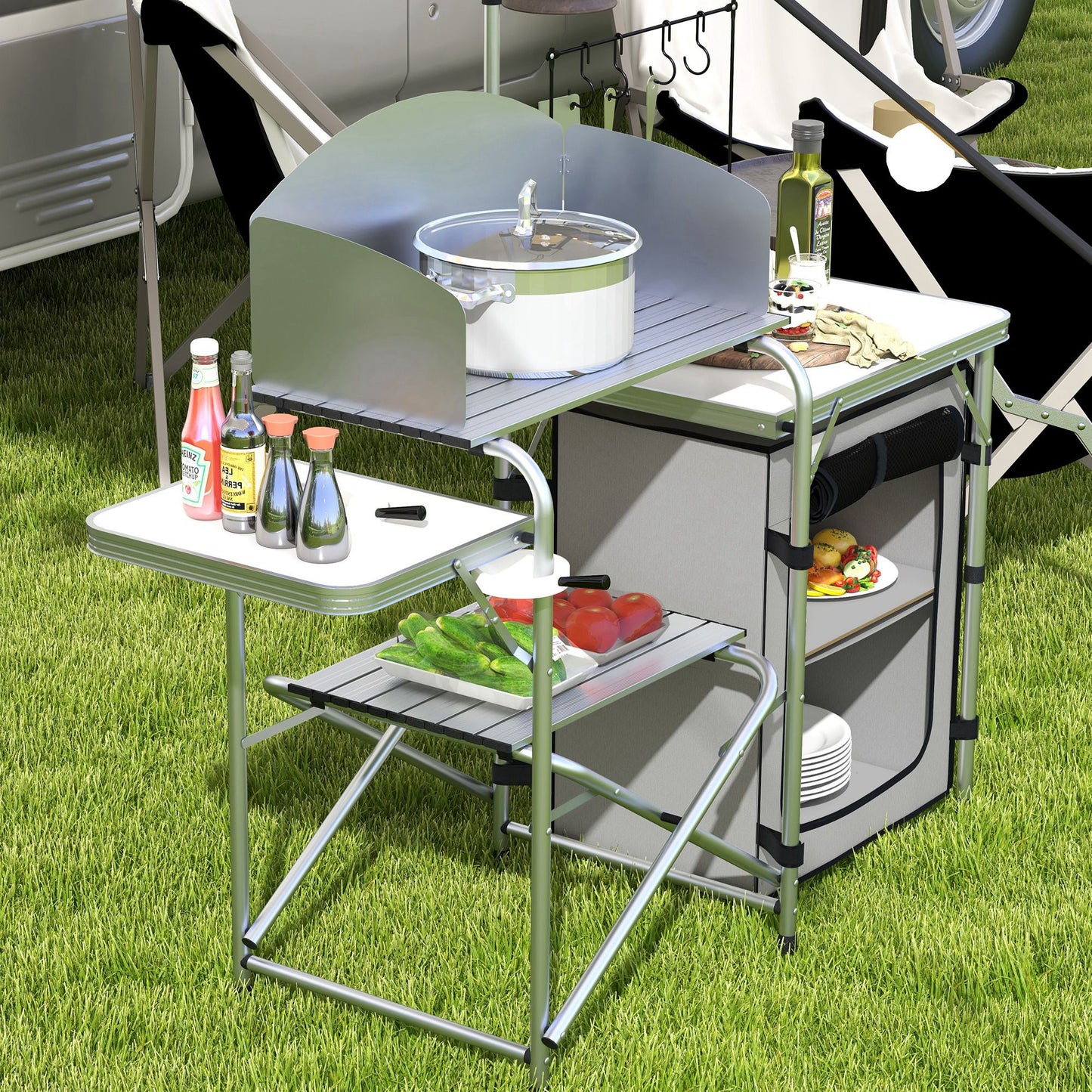 Campingkast – Campingkeuken – Kampeermeubel – Opvouwbare Kast – Outdoor Keuken – 3 Werkbladen – Windscherm – Stoffen Kast – 144x48x119 cm – Metaal Frame