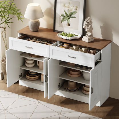 Sideboard – Dressoir – Kast – Opbergmeubel – Buffetkast – Wit Met Houtlook Bovenblad – Verstelbare Planken En Kantelbeveiliging – 120x35x80,5 cm