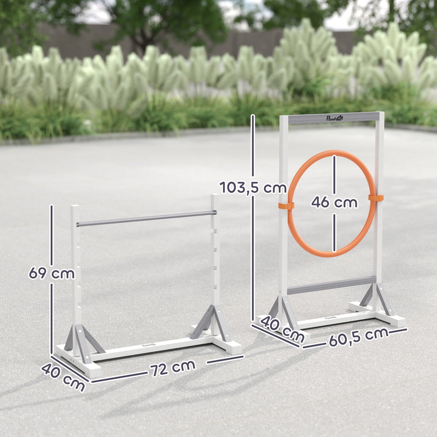 Agilityset hond – Behendigheidsset – Hondentraining – Horden – Springring – 4-delig – Verstelbare Hoogte 21-61 cm – Gemaakt van Duurzaam Grenenhout en Plastic